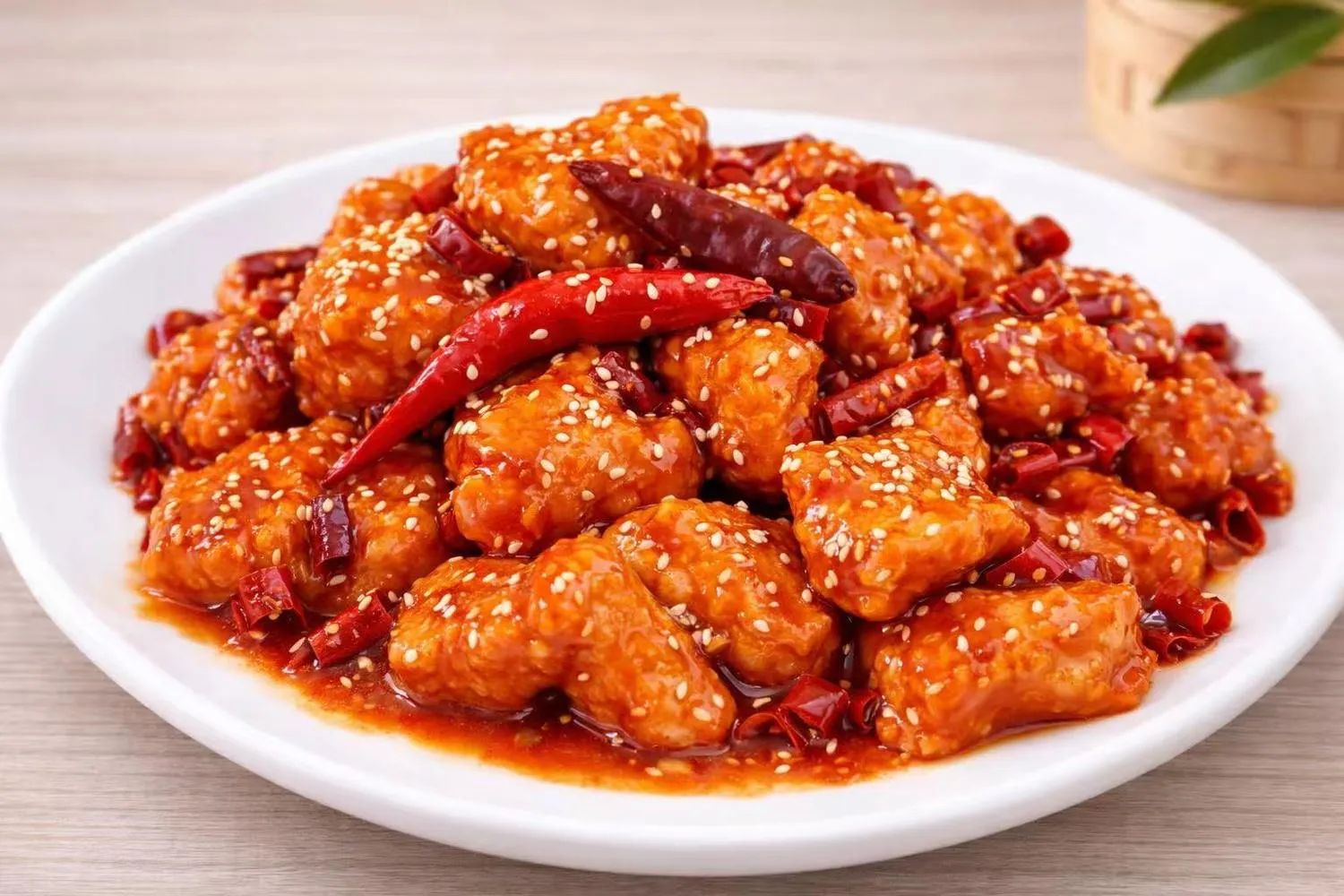 Spicy fried chicken bites in red chili sauce with sesame seeds and dried chilies