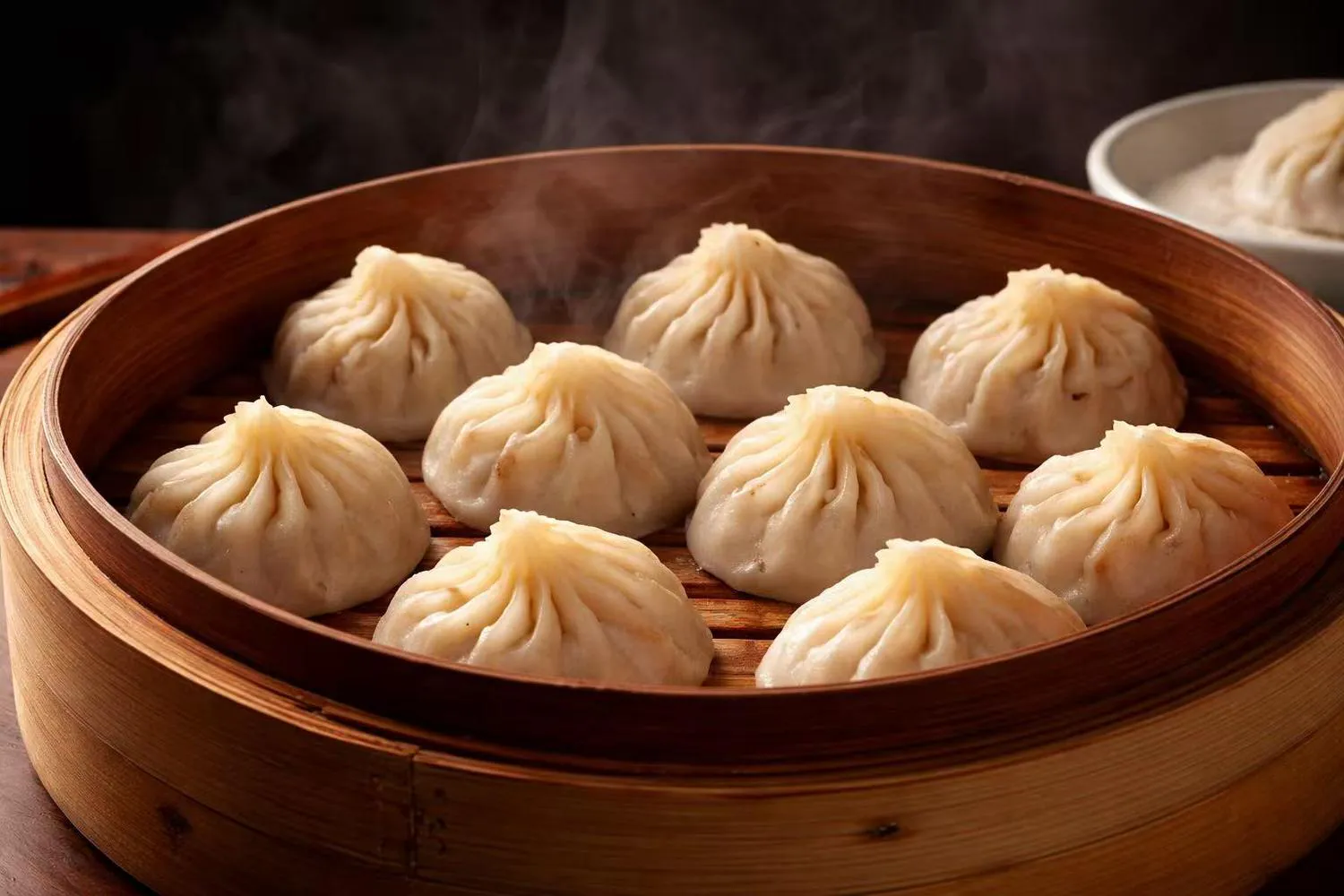 Steaming soup dumplings in a traditional bamboo steamer basket