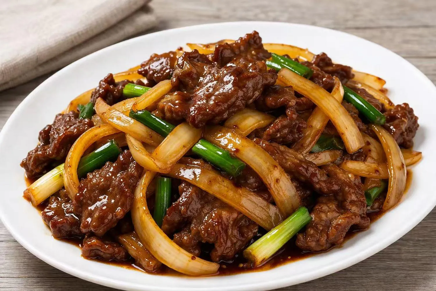 Stir-fried beef with onions and scallions in a rich brown sauce