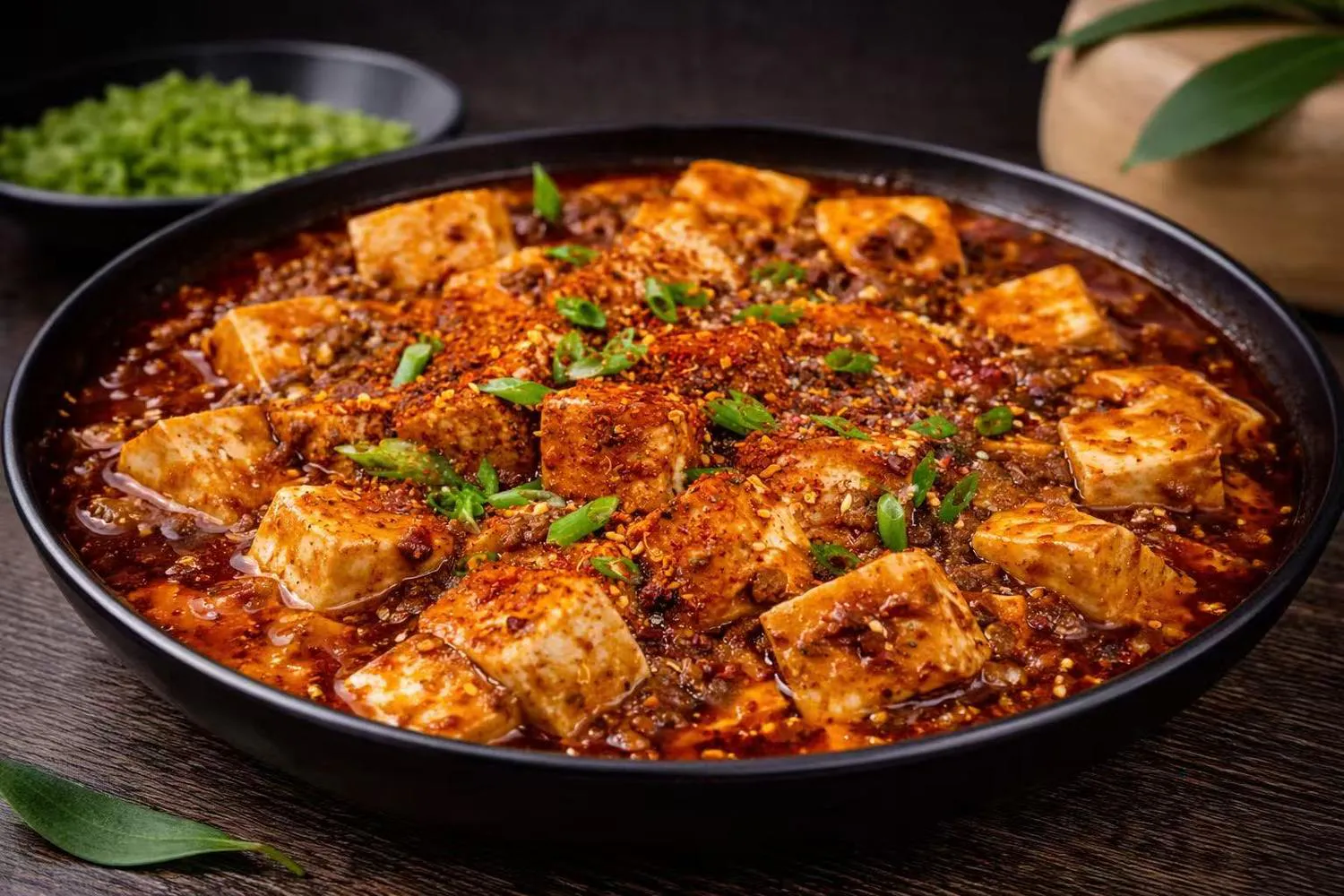 Mapo tofu in spicy red sauce topped with scallions and chili flakes in a black bowl